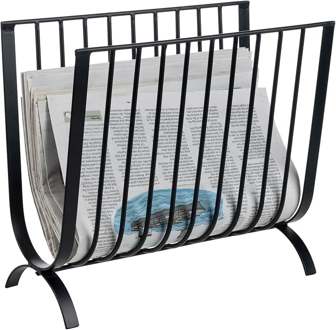 MyGift Matte Black Metal Magazine Rack, Deluxe Mid Century Wire Magazine Rack, Tabletop or Floor Standing Sling Basket for Magazines and Newspapers