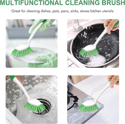 SetSail Dish Brush with Handle, 2 Pack Stiff Bristles Dish Scrubber with Built-in Scraper Dish Scrub Brushes for Cleaning Dishes, Pots and Pans, Kitchen Sink, Green
