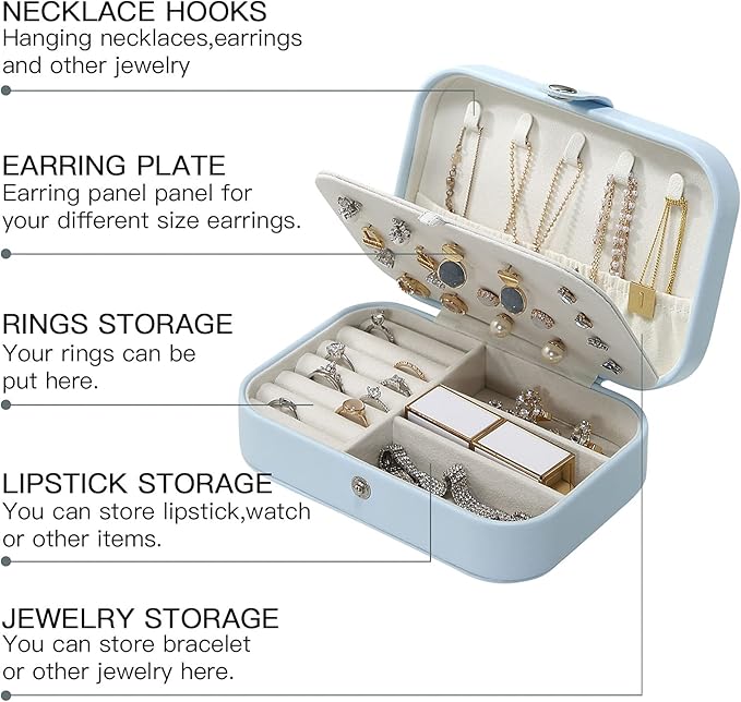 CASEGRACE Jewelry Box For Women Travel Jewelry Organizer Double Layer for Necklace Earring Rings Jewelry Holder Case