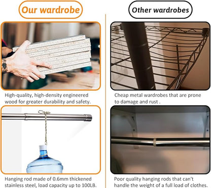 Closet System with 6 Hanging Rods& Shelf, 4FT Small Closet Organizer System Wood with Extra Side Hanging Rod for Walk in Closet Storage, Modular Closet Systems, White(4FT)