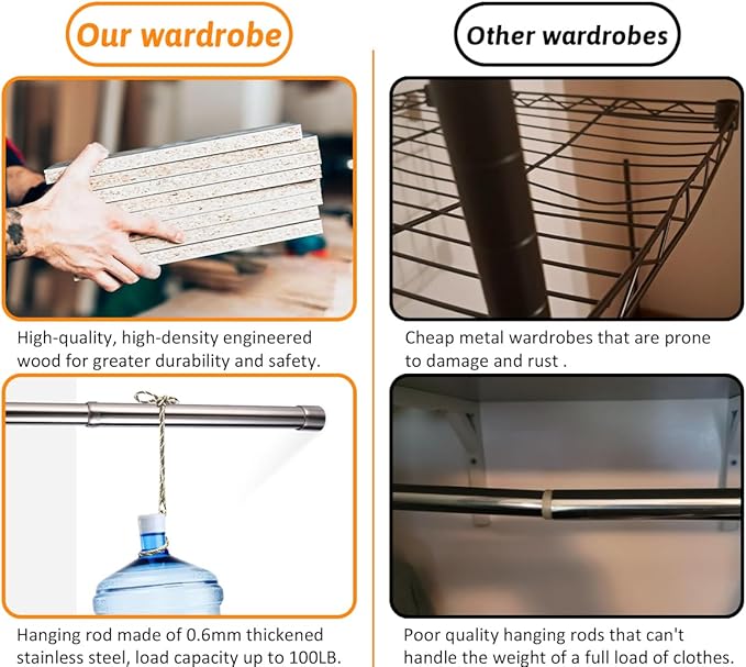Closet System with 12 Hanging Rods& Shelf , 8FT Small Closet Organizer System Wood with Extra Side Hanging Rod for Walk in Closet Storage, Modular Closet Systems, White(8FT)