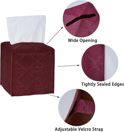 Tissue Box Cover 2-Pack, Square Tissue Holder with Bottom Belt, Modern Tissue Case Facial Paper Organizer Dispenser for Bathroom, Office, Home, Table, Car, Red, Linen Pattern