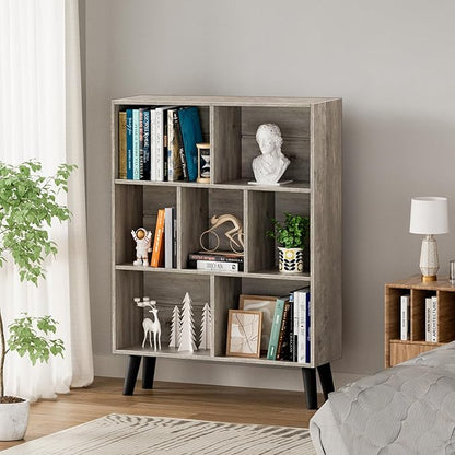 LEYAOYAO 7 Cube Bookshelf, 3 Tier Modern Bookcase with Legs, Mid-Century Modern Wood Book Shelves Storage, Retro Grey Book Case, Freestanding Organizer Display Shelf for Bedroom,Living Room,Office