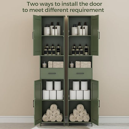 Homhedy 67" H Tall Bathroom Storage Cabinet with 2 Barn Doors and 1 Drawer, Narrow Storage Unit, Adjustable Shelves, Floor Cabinet for Bathroom, Living Room, Entryway, Kitchen, Green, (15.7" W)
