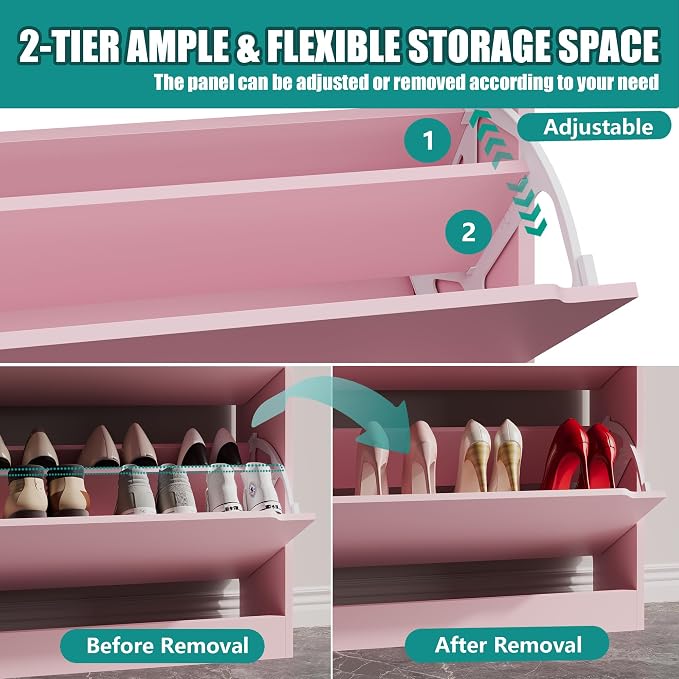 Xixini Shoe Storage Cabinet for Entryway with 3 Flip Drawers, Sturdy Wood Hidden Shoe Storage, Freestanding Narrow Slim Shoe Organizer for Front Door Entrance, Living Room, Hallway, Bedroom, Pink