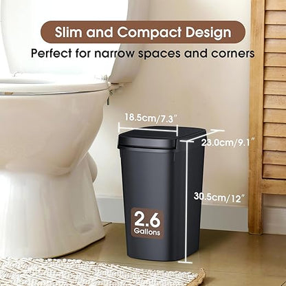 CEROELDA 3 Pack Slim Bathroom Trash Can, 10L/2.6 Gal with Press Top and Pop-up Lid, Plastic Wastebasket for Toilet, Office, Bedroom (Black)