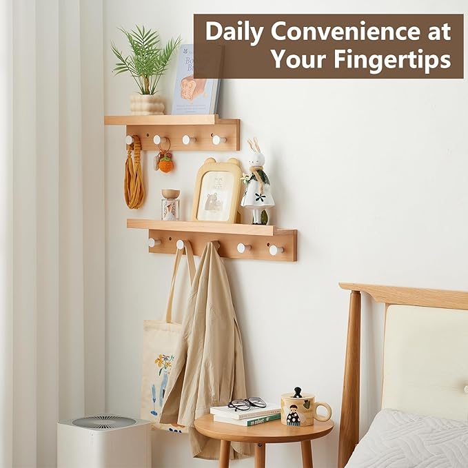 Beech Wood Coat Rack Shelf Wall Mounted, Wooden Wall Hooks with Shelves, Entryway Shelf with 3 Hooks for Hanging Clothes Hats Towel for Bathroom, Living Room, Bedroom (Natural, 14 inches)