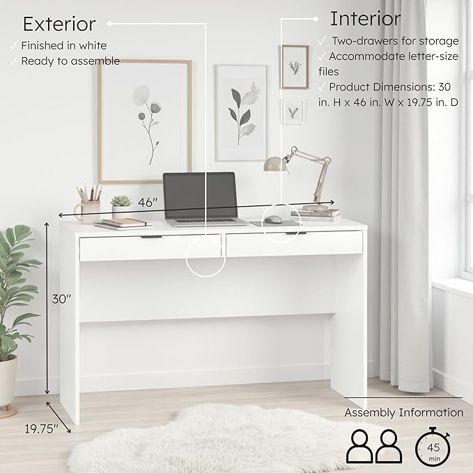 Prepac 46" Writing Desk – Computer Desk with 2 Drawers, White Office Desk for Home Office or Bedroom