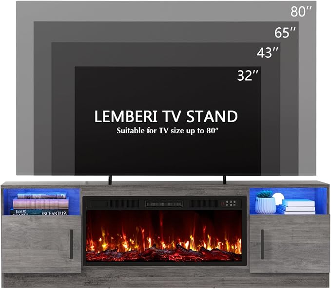 LEMBERI 70" Fireplace TV Stand for TVs up to 80", 36" Electric Fireplace 750W/1500W Entertainment Center with 20-Color LED, 300lbs Max Capacity High Gloss Storage Cabinet Console, Gray