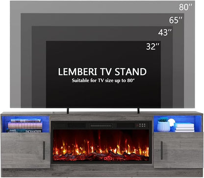 LEMBERI 70" Fireplace TV Stand for TVs up to 80", 36" Electric Fireplace 750W/1500W Entertainment Center with 20-Color LED, 300lbs Max Capacity High Gloss Storage Cabinet Console, Gray