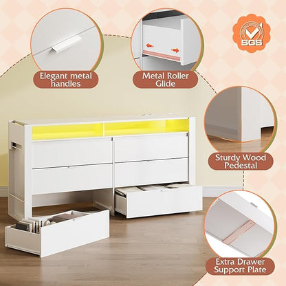 WLIVE 78 Inch LED Dresser for Bedroom, White Dresser with Charging Station, Large Chest of Drawers Expandable with Flexible Shelves and Hanging Rack, Wood Dressers for Closet, Living Room (85" TV)