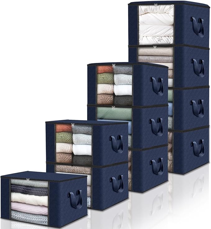 Fab totes Storage Bags,Clothes Blanket Storage Bins Foldable Closet Organizers with Reinforced Handle for Home Dorm Storage and Organization,Fabric Bags for Organizing Sheets,Clothing (Blue,10 Pack)
