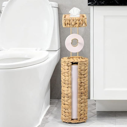 Free Standing Toilet Paper Holder, Rattan Wicker Toilet Paper Basket with Storage, Water Hyacinth Decorative Tissue Roll Storage Holder with Lid for Bathroom
