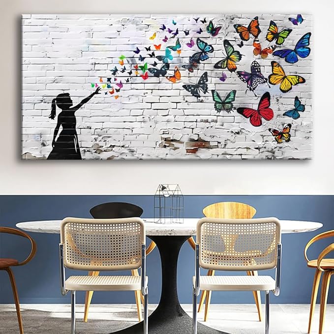 Canvas Wall Art Butterfly Girl - Modern Graffiti Paintings for Living Room, Bedroom Wall Decor, Framed Wall Art for Home or Office Decoration 48x24in