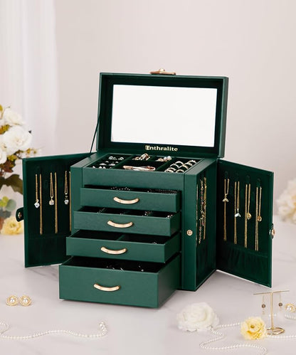 Jewelry Box with 4 Drawers: Display Organizer for Earrings Necklaces - Gifts for Girls Women (Forest Green)