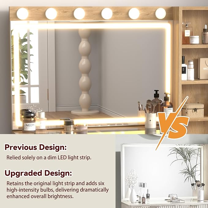 43" Fluted Makeup Vanity Desk with 32" Mirror and Lights, Modern Glass Top Large Vanity Table with 5 Drawers and 3 Storage Shelves, Dressing Table Set with Charging Station for Bedroom-Gold