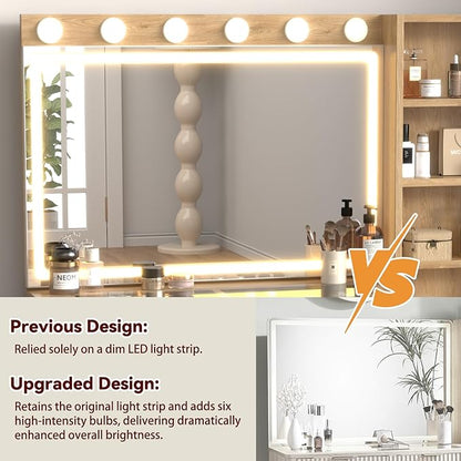 43" Fluted Makeup Vanity Desk with 32" Mirror and Lights, Modern Glass Top Large Vanity Table with 5 Drawers and 3 Storage Shelves, Dressing Table Set with Charging Station for Bedroom-Gold