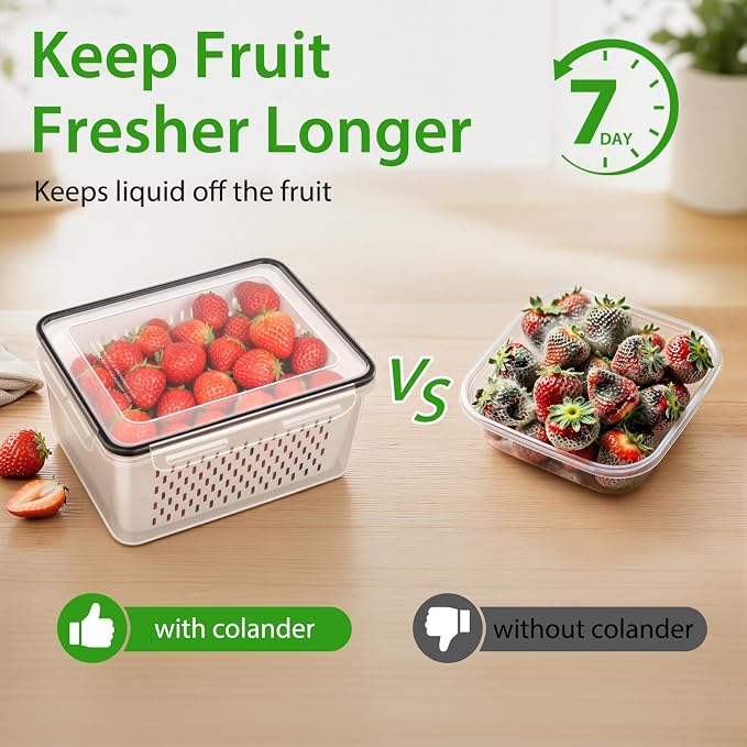 4 PCS Fruit Storage Containers for Fridge, Leakproof Produce Containers for Fridge with Removable Colander, Microwave/Dishwasher Safe Fruit Washing Bowl Keep Fruits, Vegetables, Berry Fresh longer