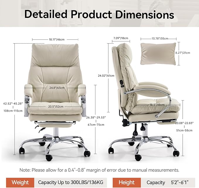 LEAGOO Heated Massage Office Chair with Foot Rest, Reclining Ergonomic Executive Office Chair with Massager for Lower Back, High Back PU Leather Comfy Heated Computer Desk Chair with Wheels, White