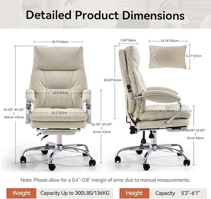 LEAGOO Heated Massage Office Chair with Foot Rest, Reclining Ergonomic Executive Office Chair with Massager for Lower Back, High Back PU Leather Comfy Heated Computer Desk Chair with Wheels, White