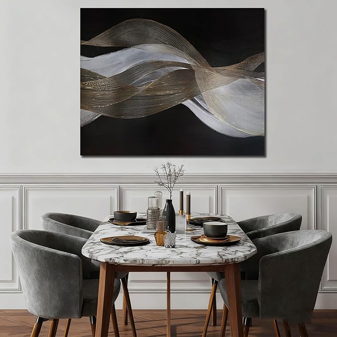 ZENPEE Modern Gold and White Wave Wall Art, Hand Painted on Canvas, Black Background, Textured Wall Art, Framed, Ready to Hang, Contemporary Decor for Living Room Office 32x40 In