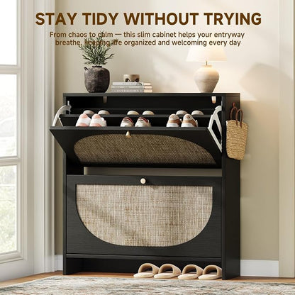 Nicetree Rattan Arched Accent Shoe Cabinet - Freestanding Ultra Slim for Entryway, 2 Flip Drawers & 3-Tier Adjustable Shelves, Farmhouse Modern Rustic Shoe Rack for Hallway Foyer Living Room, Black