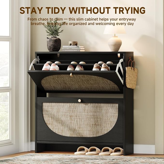 Nicetree Shoe Storage Cabinet for Entryway, Rattan Vintage Flip Shoe Rack- 2 Flip Drawers & 3-Tier Adjustable Shelves,Boho Shoe Organizer for 16-24 Pairs - Fits Size 13.5 Boots, 9.5" Ultra Slim Black