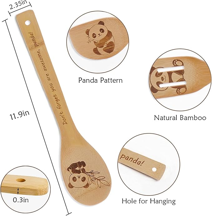 5PCS Panda Wooden Cooking Spoons Kitchen Decor Panda Gifts for Women Men Panda Lovers Birthday Gifts Party Favors Housewarming Wedding Bamboo Cooking Spoons for Everyday Use