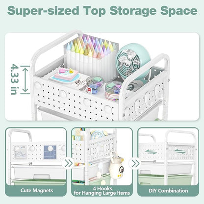 4 Drawer Rolling Storage Cart with Pegboard Top and Hooks, Mobile Organizer Cart with Wheels for Office Supplies, Craft Storage, Classroom Organization, Home Utility Cart, Gradient Green