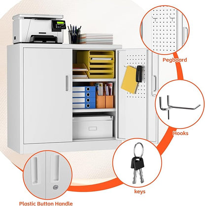 Aobabo 31.5" H Metal Storage Cabinet with 2 Shelves, Lockable Steel Cabinet with 4 Hooks for Home Office Garage, White, Assembly Required