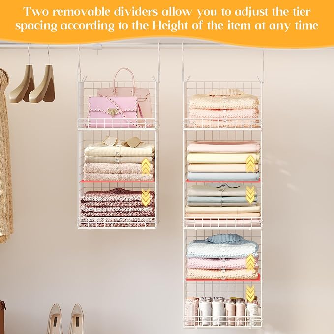 Yuyetuyo ﻿5 Tier Hanging Closet Organizer Separable Hanging Closet Shelves with 4 Hooks 2 Adjustable Dividers, Wire Storage Basket Bins for Clothing Sweaters Socks Dolls Handbags, Foldable