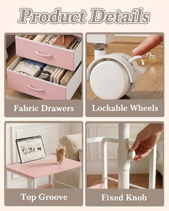 Faesun Swivel Lift Top Nightstand with Charging Station, Rolling Side Table for Recliner, Bedside Table with Wheels & 2 Fabric Drawers, for Small Spaces, for Bedroom, Living Room, Pink