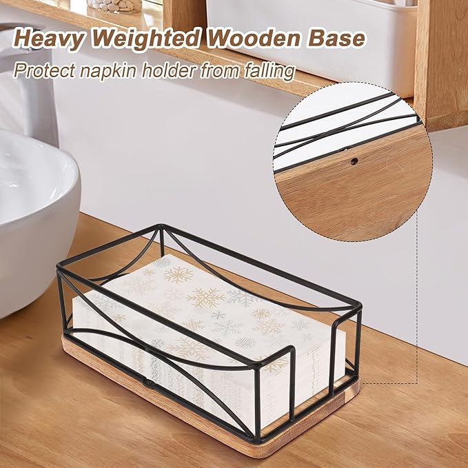 Livabber Guest Napkin Holder, Metal Bathroom Paper Hand Towel Storage Modern Napkin Tray Caddy for Countertop, Table Kitchen, Dinning Room (Black, Wooden Base)