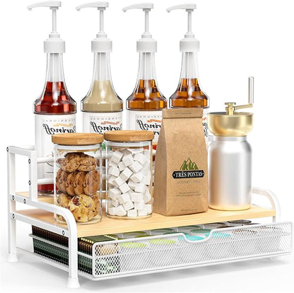 Coffee Syrup Rack Organizer, 3-Tier 8 Bottles Syrup Rack with 35 K Cup Storage Basket for Coffee Bar, Countertop Bottle Holder Stand for Wine, Dressing for Kitchen Cafe Station- White