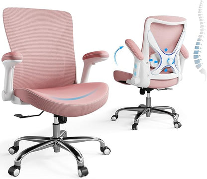 Office Home Ergonomic Desk Chair-Computer X-Shaped Chair Mesh PU Leather with Adjustable Lumbar Support-Executive Chair High Back Flip-Up Arms for Long Hours (Pink-No Headrest)