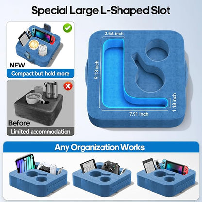 Couch Cup Holder Pillow, Sofa and Bed Organizer Caddy for iPad, Kindle, Switch, Game Controller, Remotes, Phones, Small-Sized Cup & Drink Holder for Couch, Bed, Desk, Car, Desk, Beach, Blue