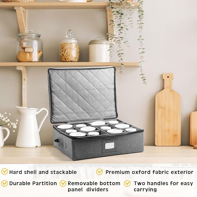Uiifan 4 Pcs Cup and Mug Storage Box Stemware Storage Cases Containers Holds 12 Coffee Mug and Tea Cup with Lid Handle Wine Glass Box with Insert Cards for Label(Gray)
