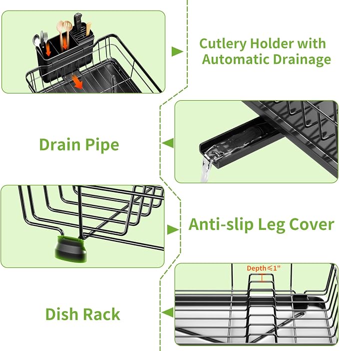 Small Dish Drying Rack, Space Saving Dish Racks for Kitchen Counter, Kitchen Organizer Dish Drainer with Cutlery Holder for Spoons and Forks, 11''W x 15''L, Black