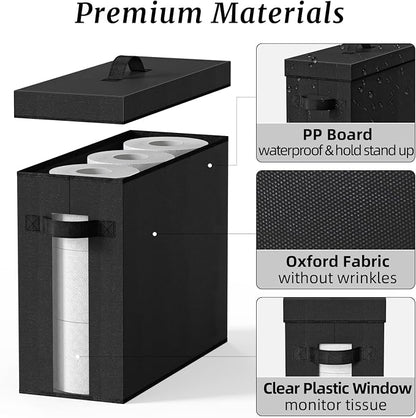 NAMTSO Bathroom Toilet Paper Storage with Lid - for Up to 12 Rolls | Storage Bins with Lids for Towel or Yarn | Free Standing | Foldable | Moisture Resistant | Clear Plastic Window | Black | 2 Pack