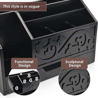 Black Wooden Mail Organizer with Drawer, Three Tiered Desk Accessories for Office Organization and Storage, Stylish Countertop Document Storage, Home/Office/Classroom Supplies (Black02)