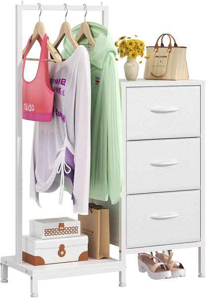 Dresser for Bedroom with Hanging Rack, 3 Drawers Dresser for Bedroom - White