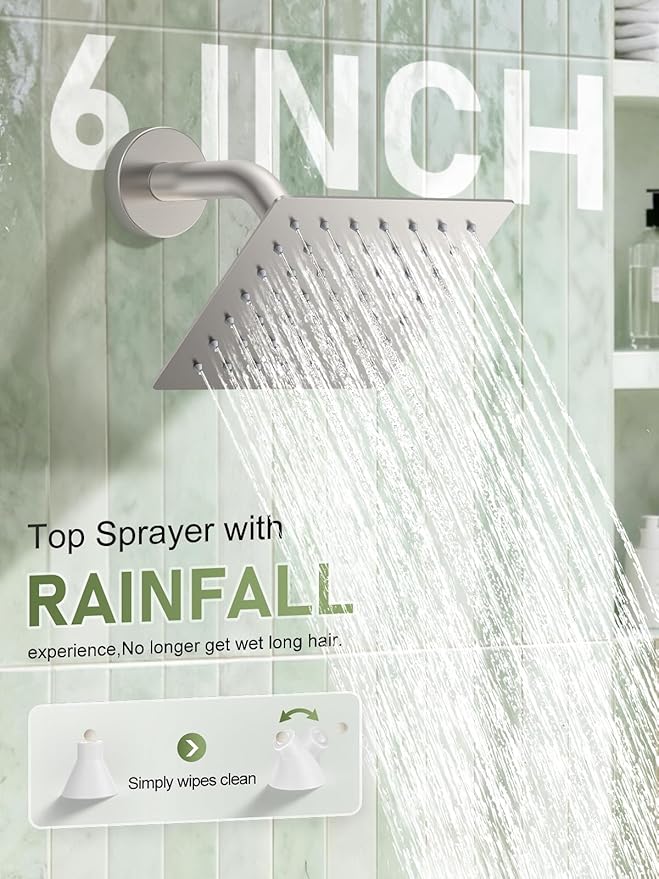 Shower Faucet Set, 10" Ceiling Mount Rainfall Shower System with 10'' Top Head+6'' Side Head and Multi-function Handheld Head Push Button Diverter Shower Faucet Trim Kit