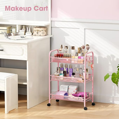 TOOLF 3 Tier Rolling Cart Pink - Metal Storage Organizer with Wheels, 33 lbs Shelf Capacity, Easy 5-Min Assembly, for Girls Room Bathroom Kitchen Office Nursery, Compact Design for Small Spaces, Pink
