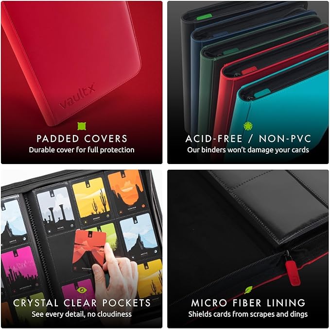 Vault X 9 Pocket Zip Binder, 360 Cards, Exo-Tec Material, 20 Side-Loading Pages (Red)