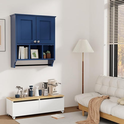 Over-The-Toilet Bathroom Storage Cabinet with Towel Bar, Space-Saving Wall Mounted Medicine Cabinet, 2 Doors & 1 Adjustable Shelf, Easy Install Blue Finish for Bathroom, Kitchen, Living Room