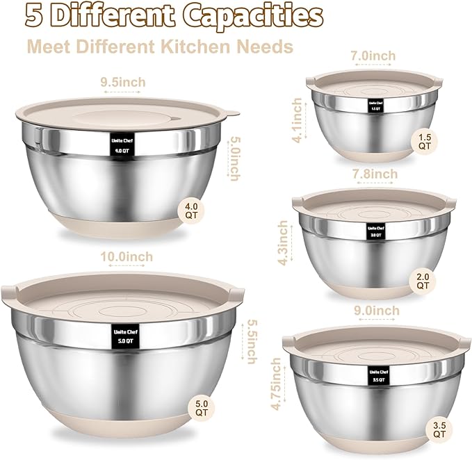 Umite Chef Mixing Bowls with Airtight Lids Set, 8PCS Stainless Steel Nesting Bowls with Grater Attachments, Non-Slip Bottoms, 5, 4, 3.5, 2, 1.5QT for Mixing & Serving