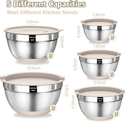 Umite Chef Mixing Bowls with Airtight Lids Set, 8PCS Stainless Steel Nesting Bowls with Grater Attachments, Non-Slip Bottoms, 5, 4, 3.5, 2, 1.5QT for Mixing & Serving