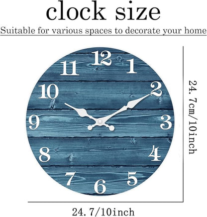 XFM Blue Wall Clock Battery Operated 10 Inch Silent Wood Wall Clocks Country Retro Farmhouse Wall Clock Decorative for Kitchen Living Room Bedroom