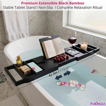 Bath Tray for Tub and Ergonomic Pillow Premium - Caddy Expandable 29 to 42.5 Inch -Foldable Bamboo Wood Tub Organizer - Luxury Bathtub Tray Wood Bamboo