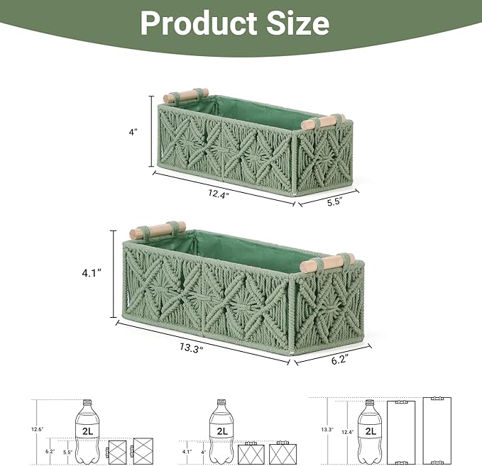 Nonam Macrame Storage Baskets, Boho Decor Style Woven Storage Boxes for Home Organization, Toilet Tank Shelf Cabinet Organizer Baskets,Set of 2,Green